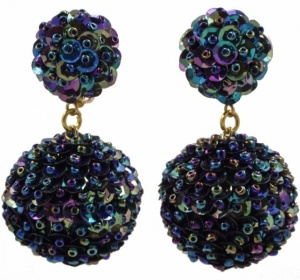 1980s Gold Tone Peacock Sequin and Bead Ball Clip On Earrings
